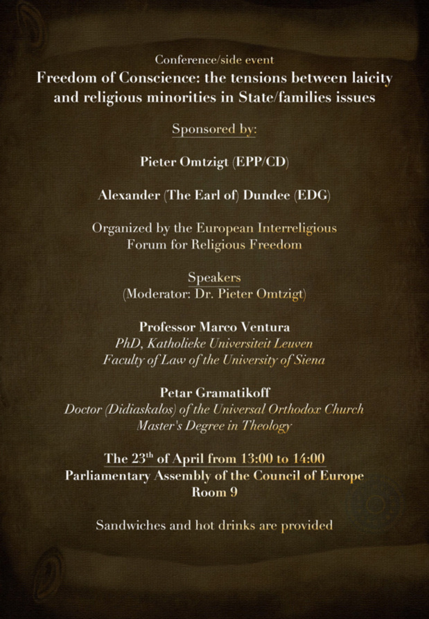 Conference Freedom of Conscience: the tensions between laicity and religious minorities in State/families issues