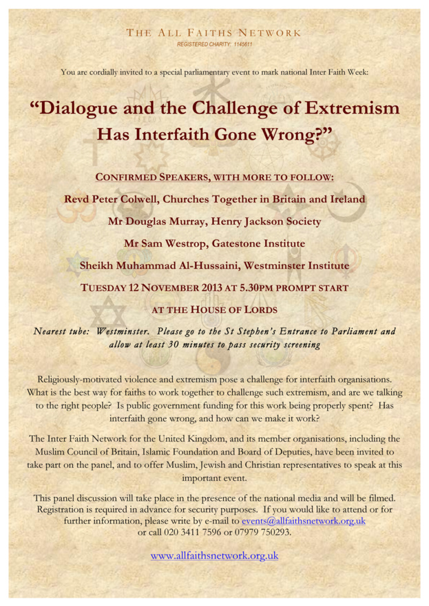 Special parliamentary event in the House of Lords: “Dialogue and the Challenge of Extremism - Has Interfaith Gone Wrong?”