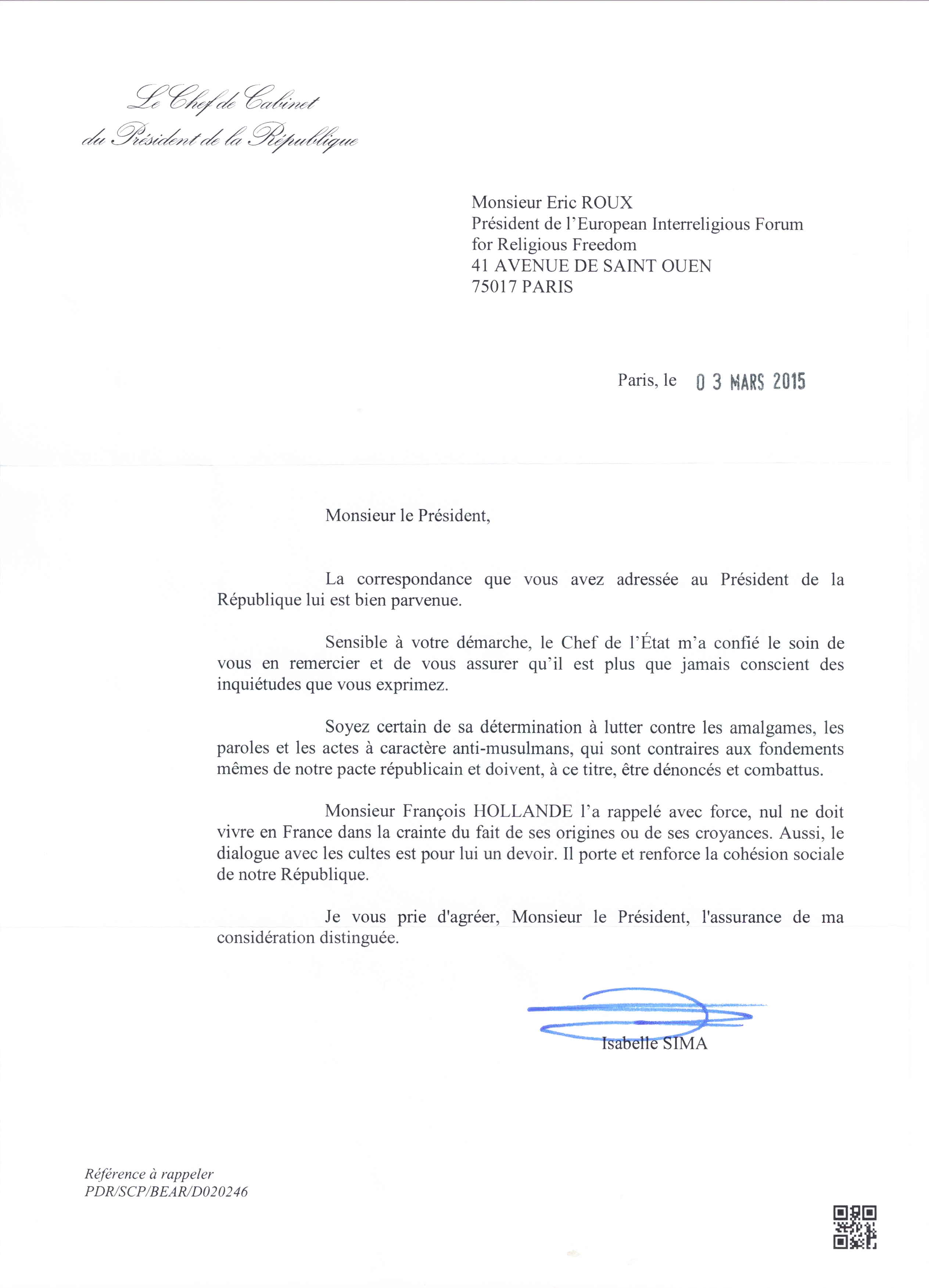 France : réponse du Président de la République à une 
